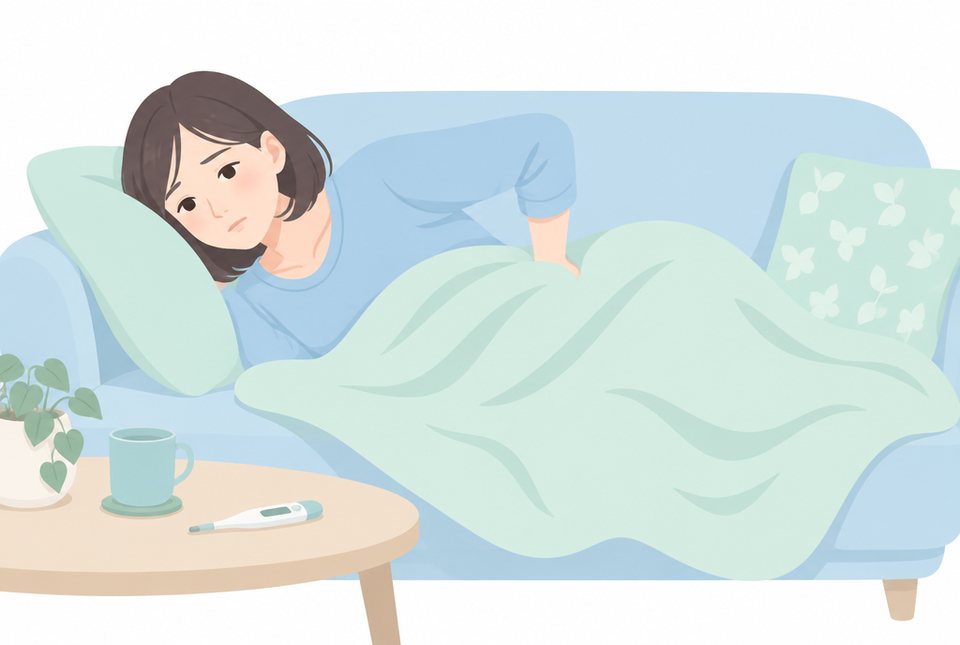 腰に手を当ててソファで休む女性のイラスト