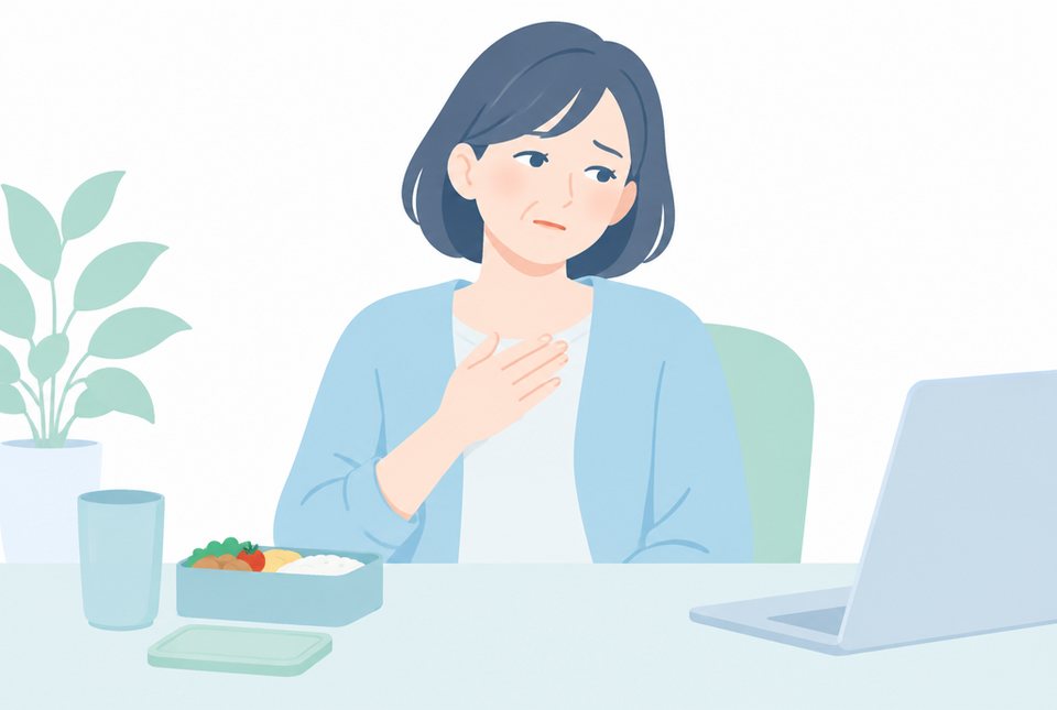 胸に手を当てて不快そうな女性のイラスト
