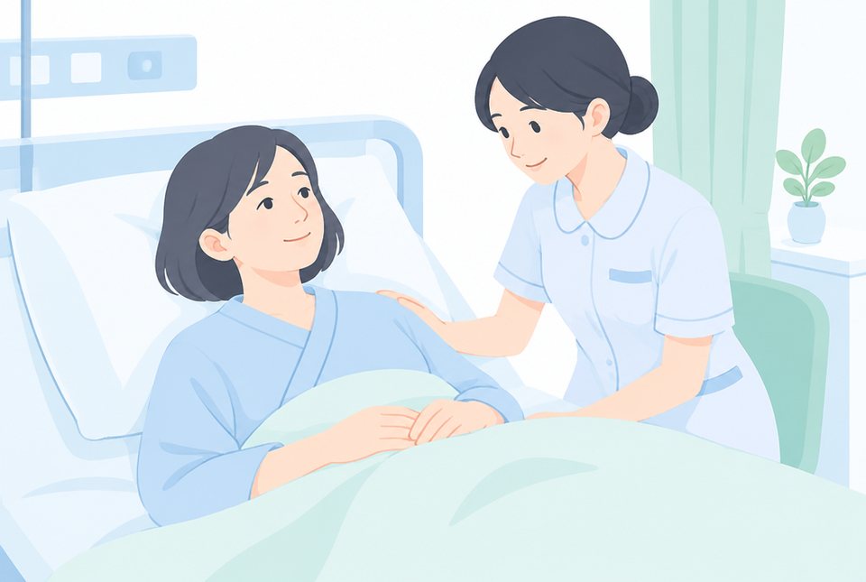 検査後に休んでいる女性と看護師のイラスト