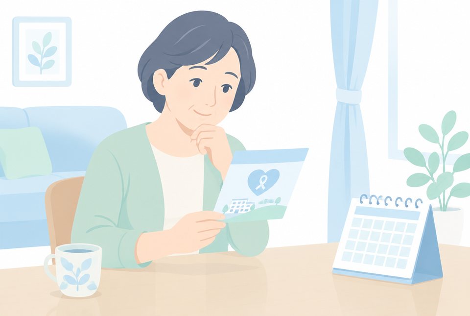 がん検診の案内を見る女性のイラスト