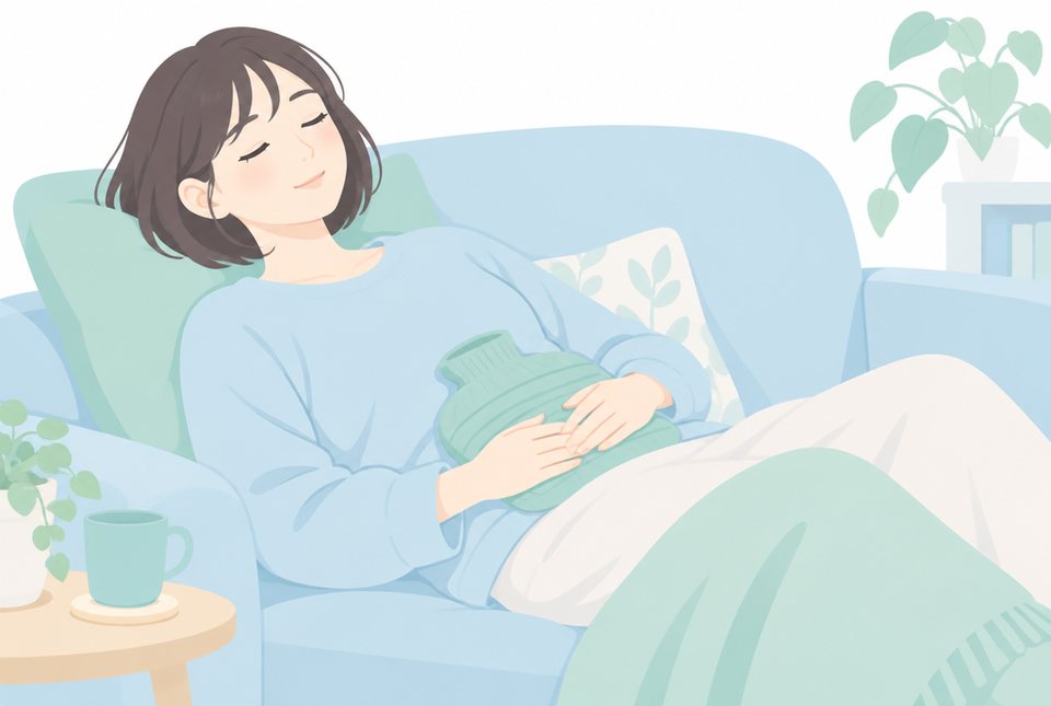 お腹を温めて休む女性のイラスト