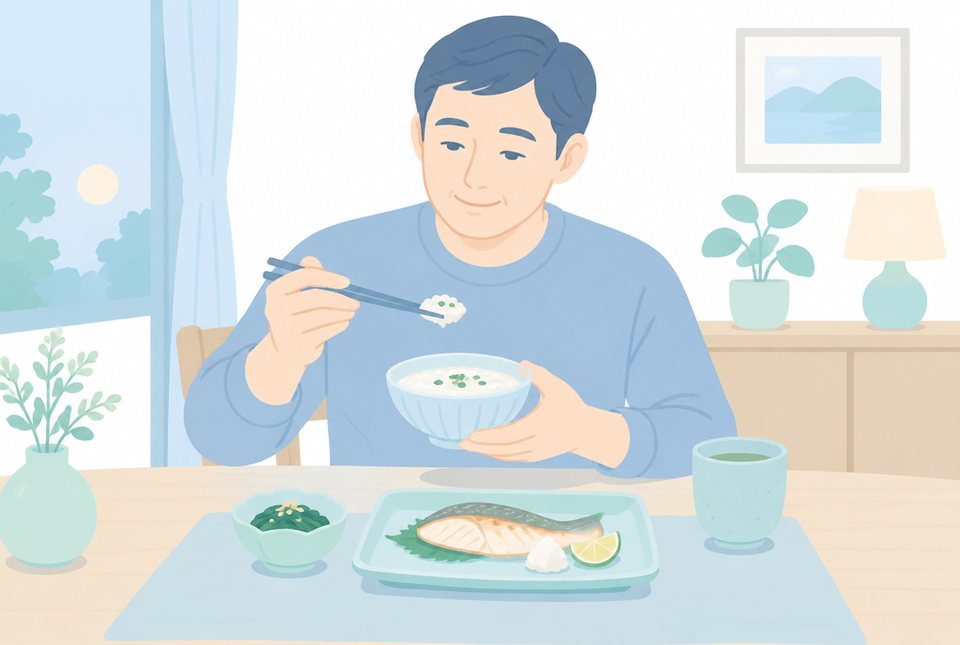 早めに軽い夕食をとる男性のイラスト