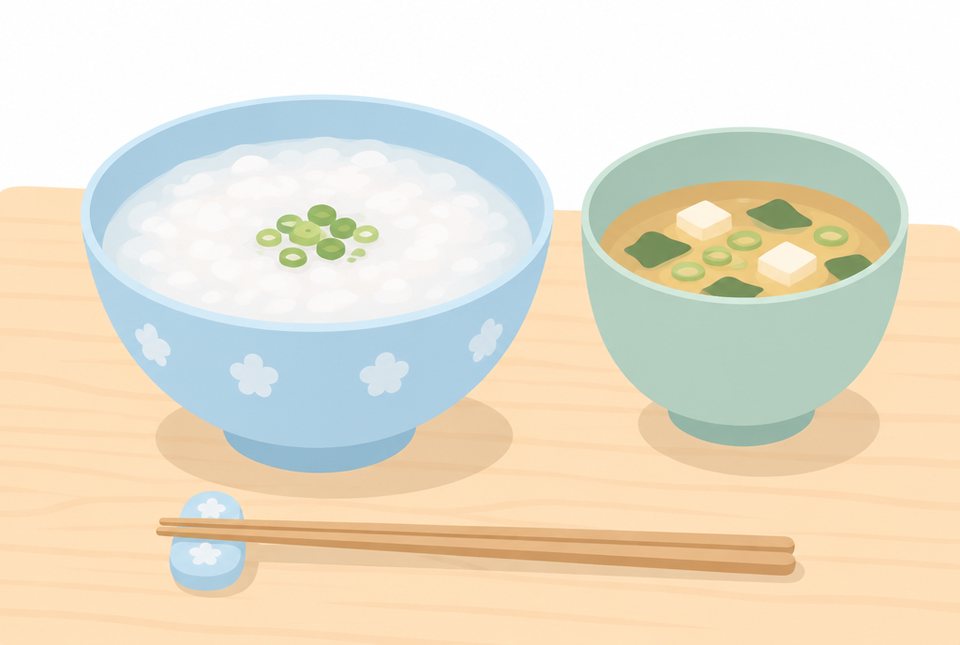 おかゆと味噌汁の食事のイラスト
