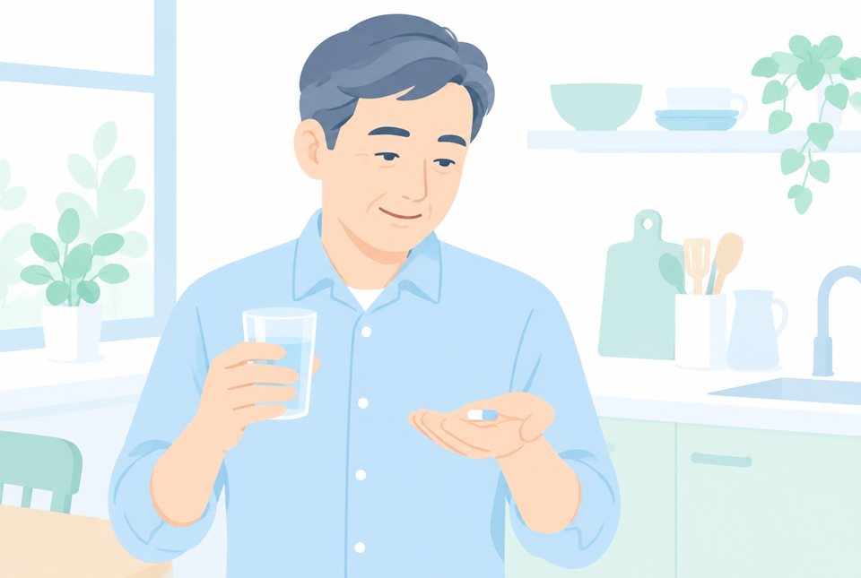 水とカプセルを手にした男性のイラスト