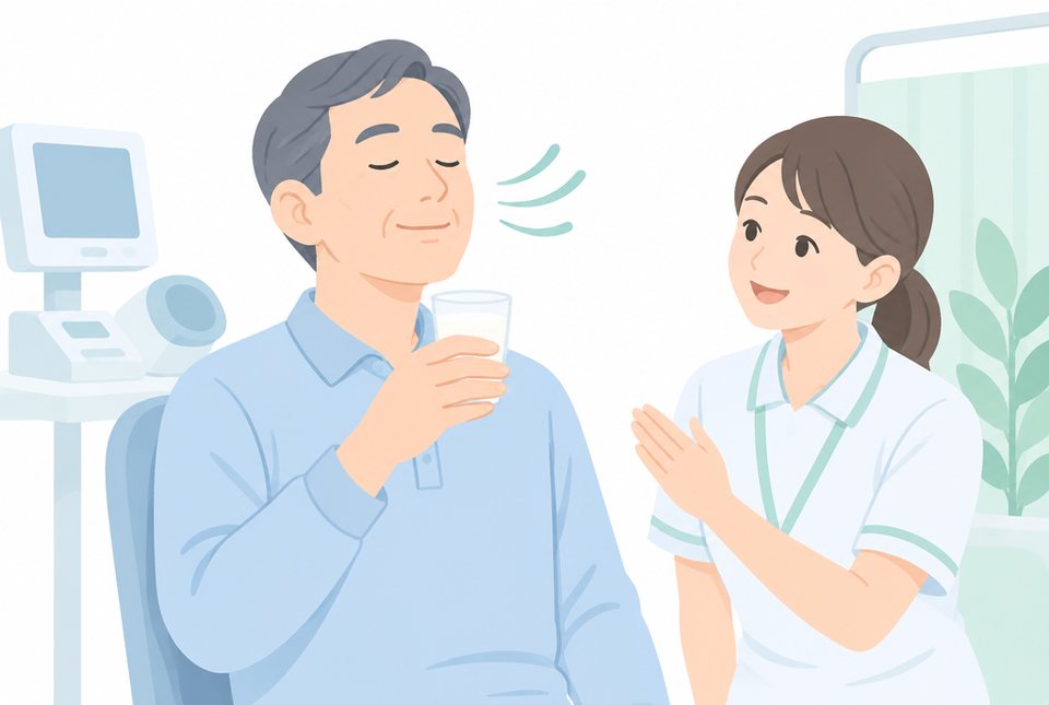 検査前に深呼吸してバリウムを飲む男性のイラスト