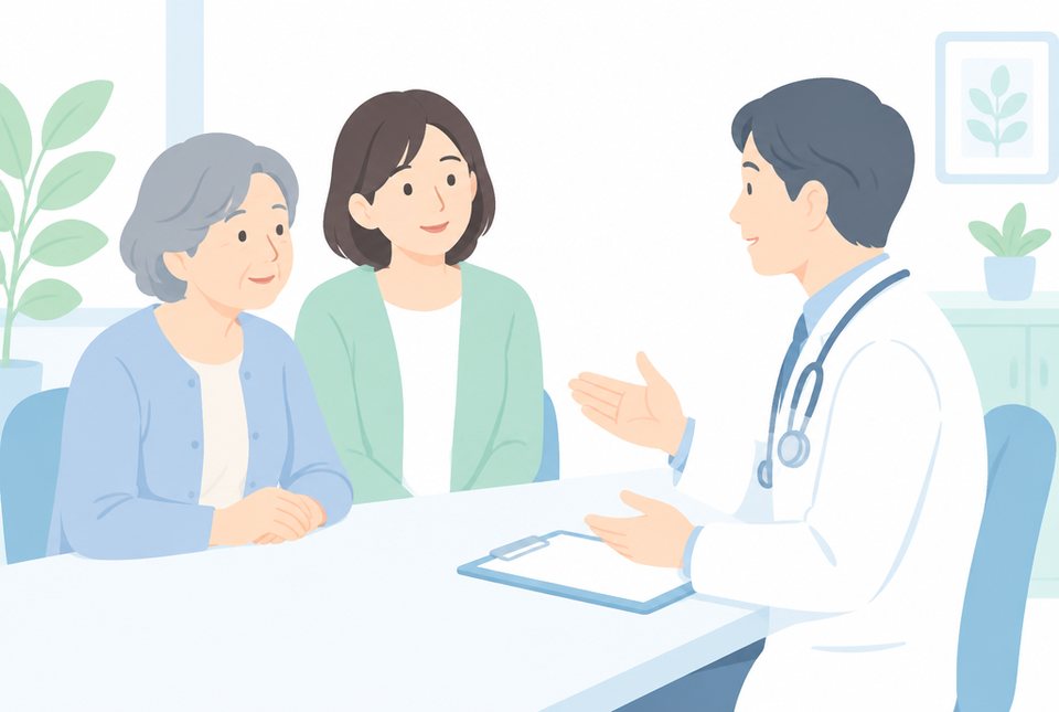 医師の説明を家族と聞く女性のイラスト