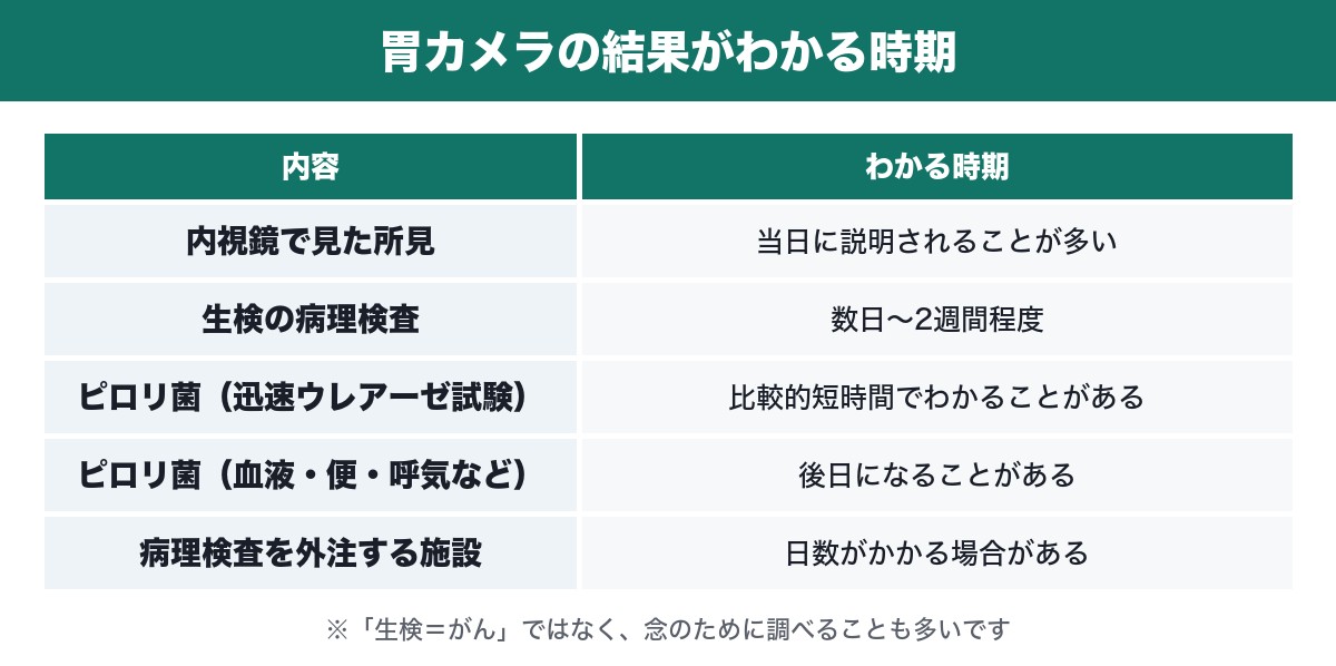 胃カメラの結果がわかる時期の表