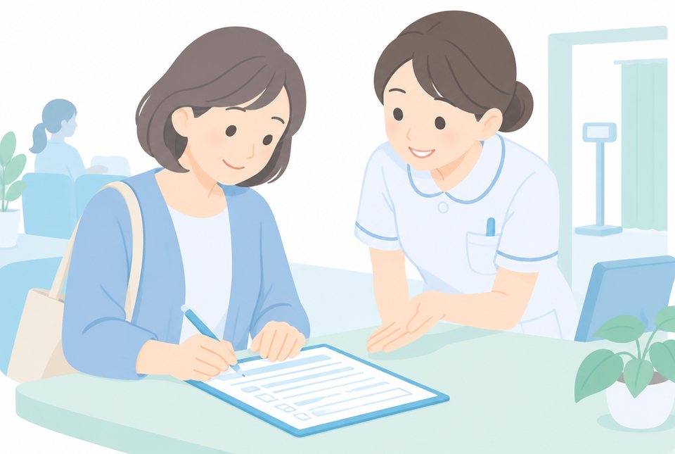 健診の問診票を記入する女性のイラスト