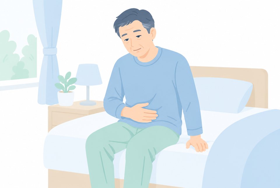 お腹を気にして座る男性のイラスト