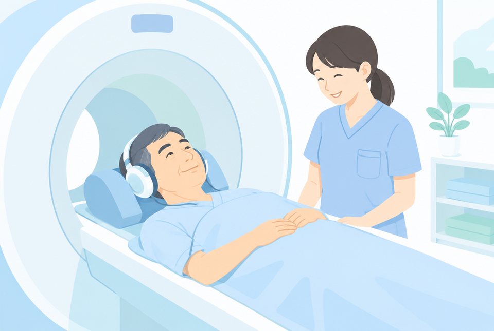 MRIで脳ドックを受ける男性のイラスト