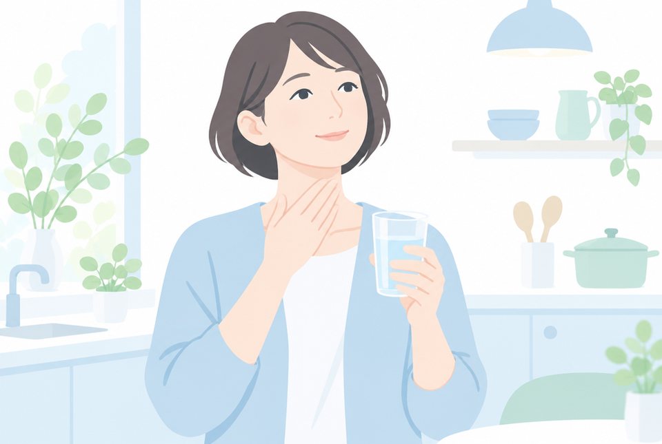のどを気にしながら水を持つ女性のイラスト
