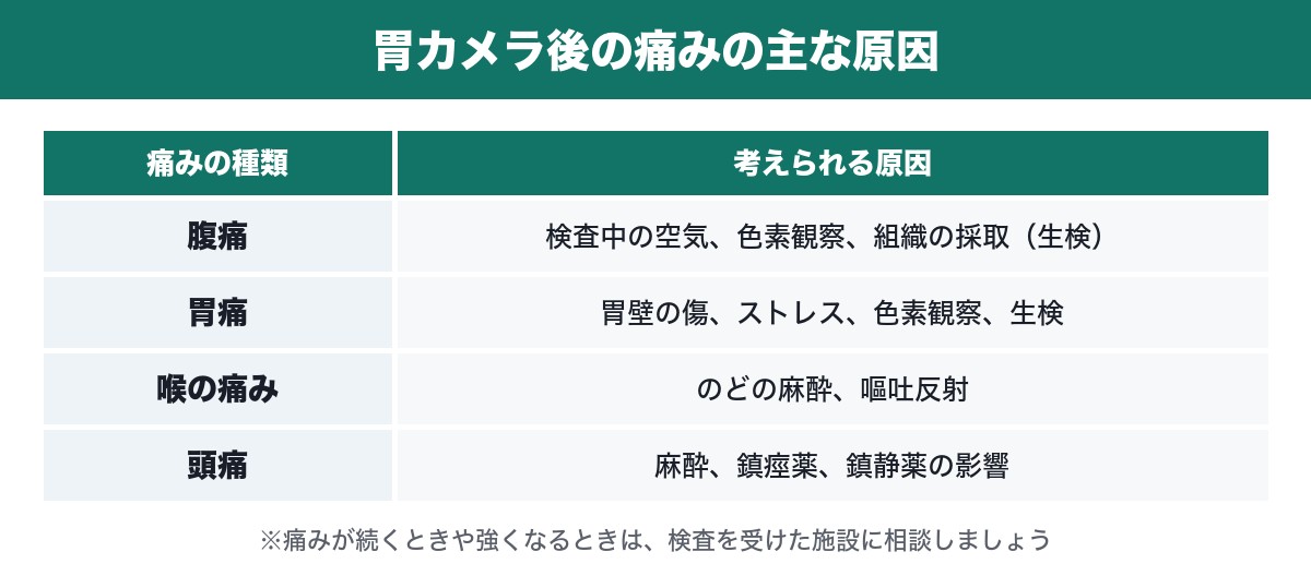 胃カメラ後の痛みの種類と原因の表