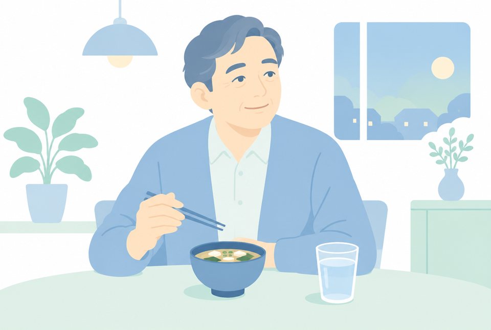 味噌汁と水のある食卓の男性のイラスト