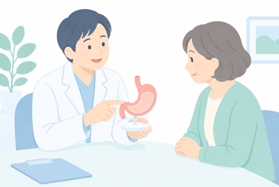 胃の模型で説明を受ける女性のイラスト