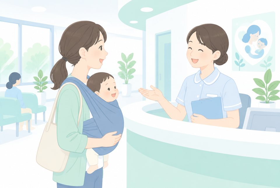 受付で看護師に相談する授乳中の母親のイラスト