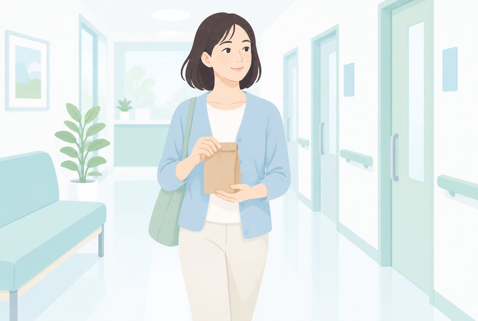 採尿カップを持って受付へ向かう女性