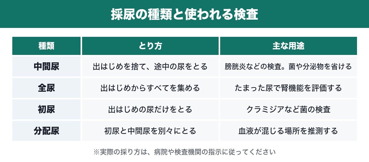 採尿の種類と使われる検査の表