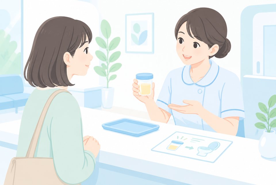 受付で尿検査の説明を受ける女性のイラスト