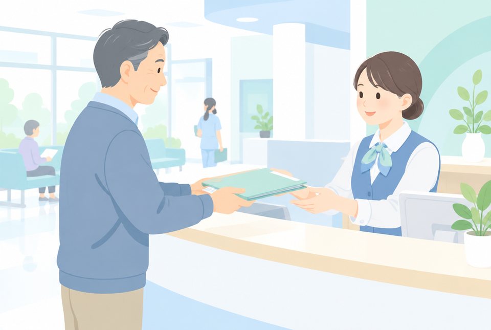 病院の受付で結果票を渡す男性のイラスト