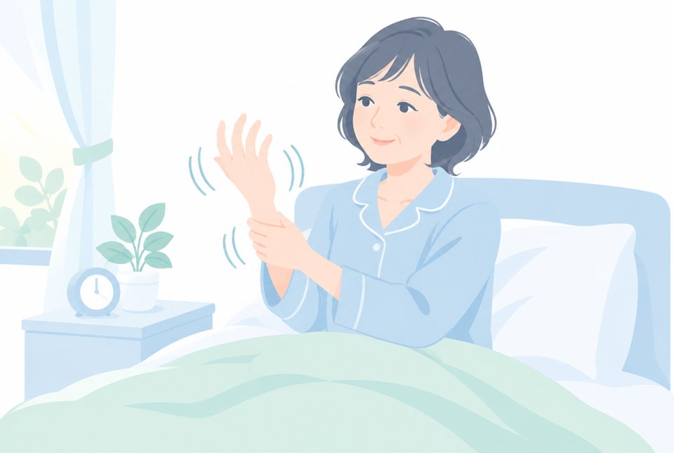 朝、しびれた手を振る女性