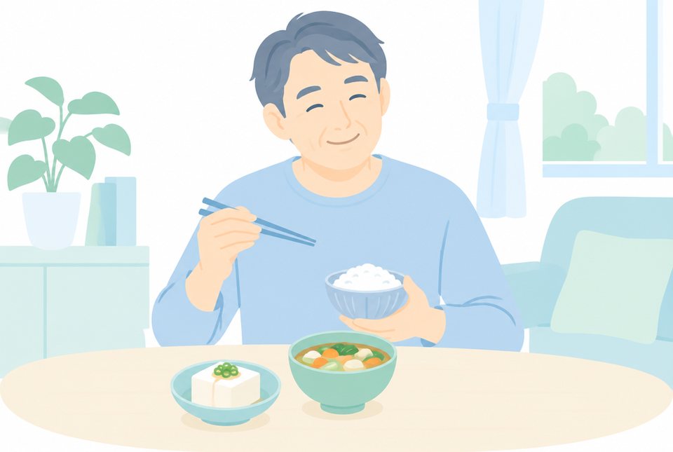 油分の少ない食事をとる男性
