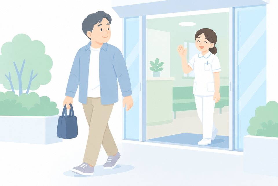 日帰りで退院する男性
