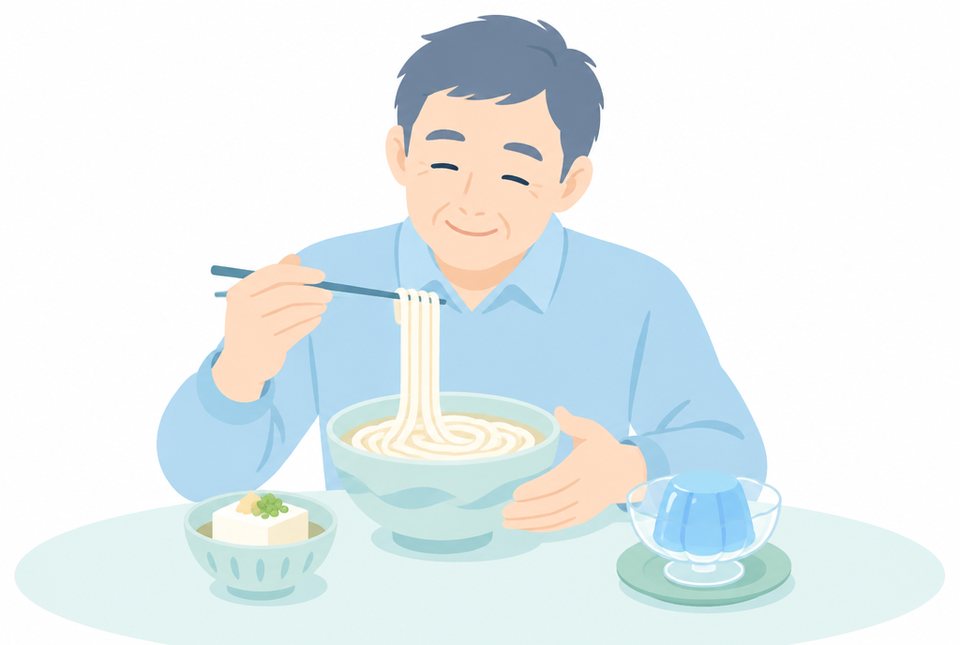 素うどんと豆腐の食事をとる男性のイラスト