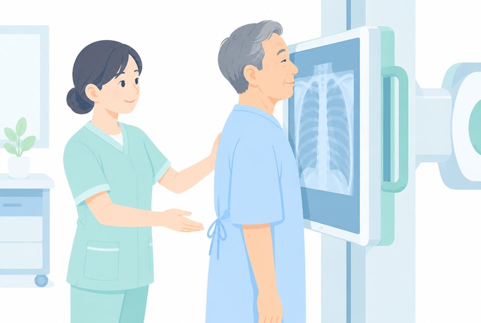 胸部X線検査を受ける男性のイラスト