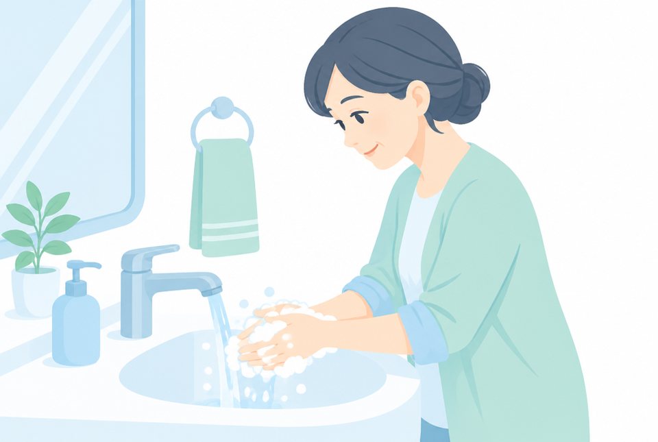 石けんで丁寧に手を洗う女性