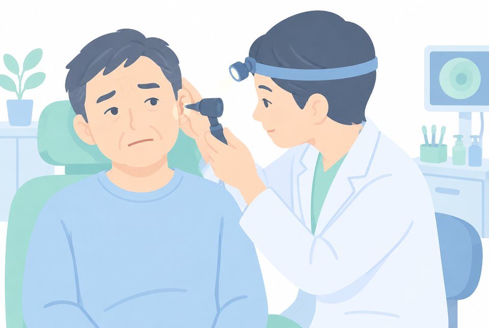 耳鼻科で耳を診察される男性