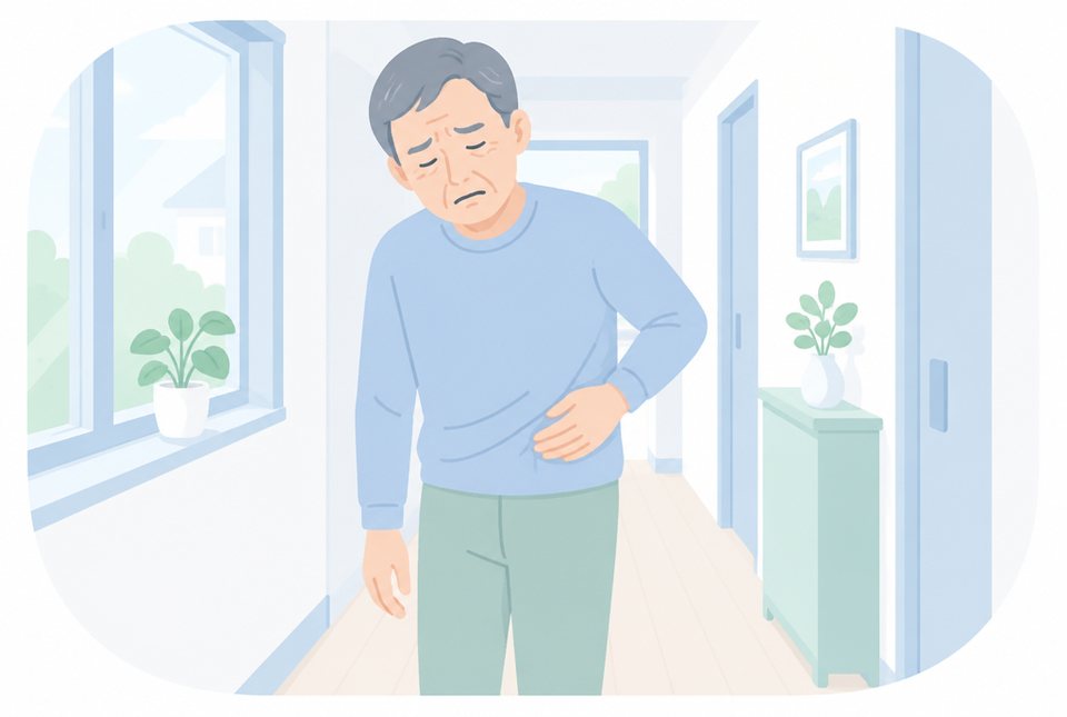 左下腹部を押さえて廊下に立つ男性のイラスト