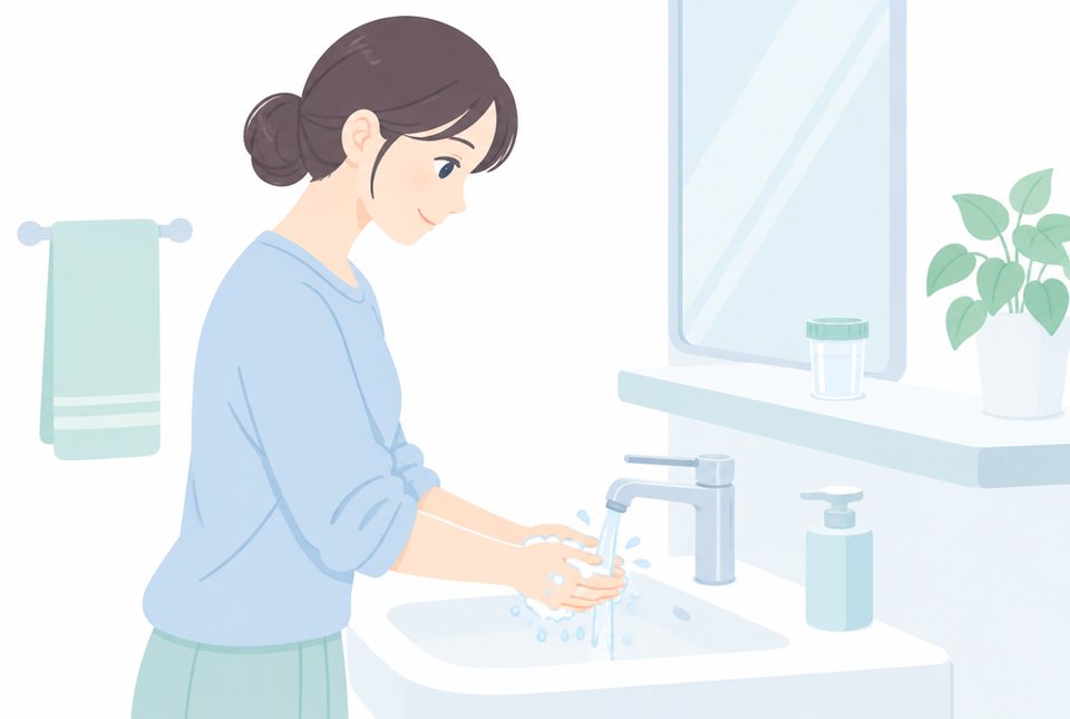 採尿の前に手を洗う女性のイラスト