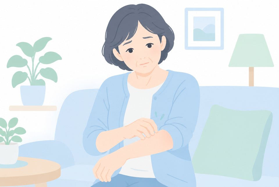 腕のかゆみを気にする女性