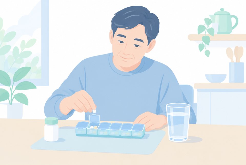 薬を飲む準備をする男性のイラスト