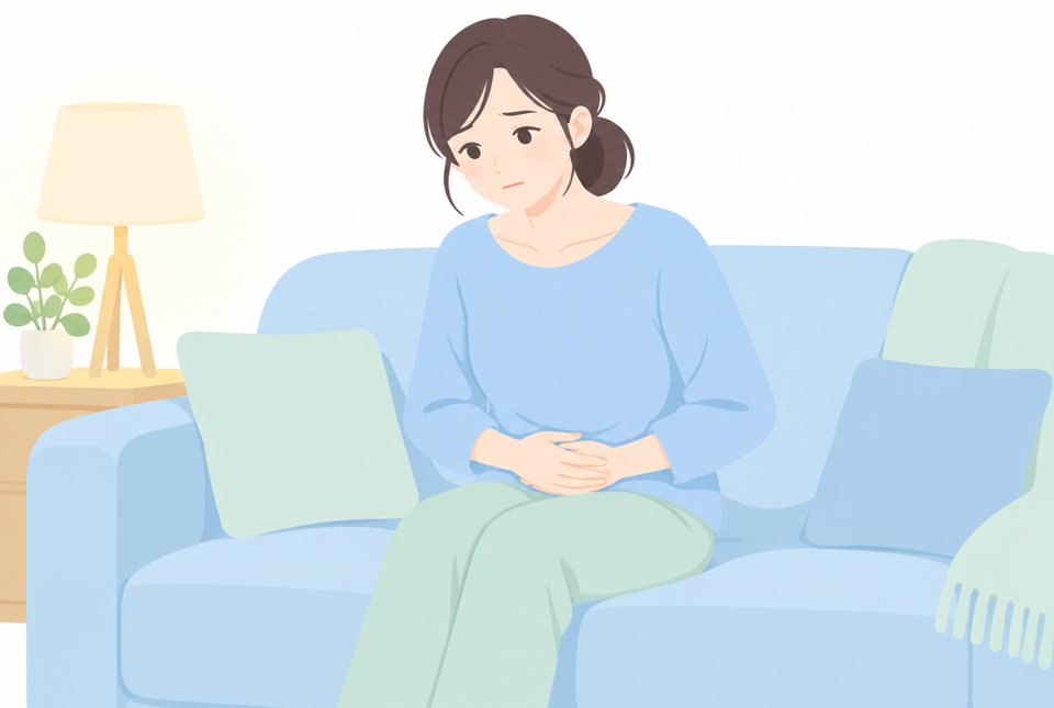 下腹部を気にして休む女性