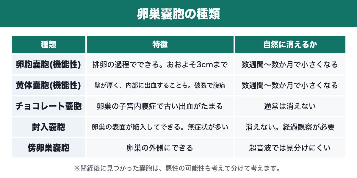 卵巣嚢胞の種類の表