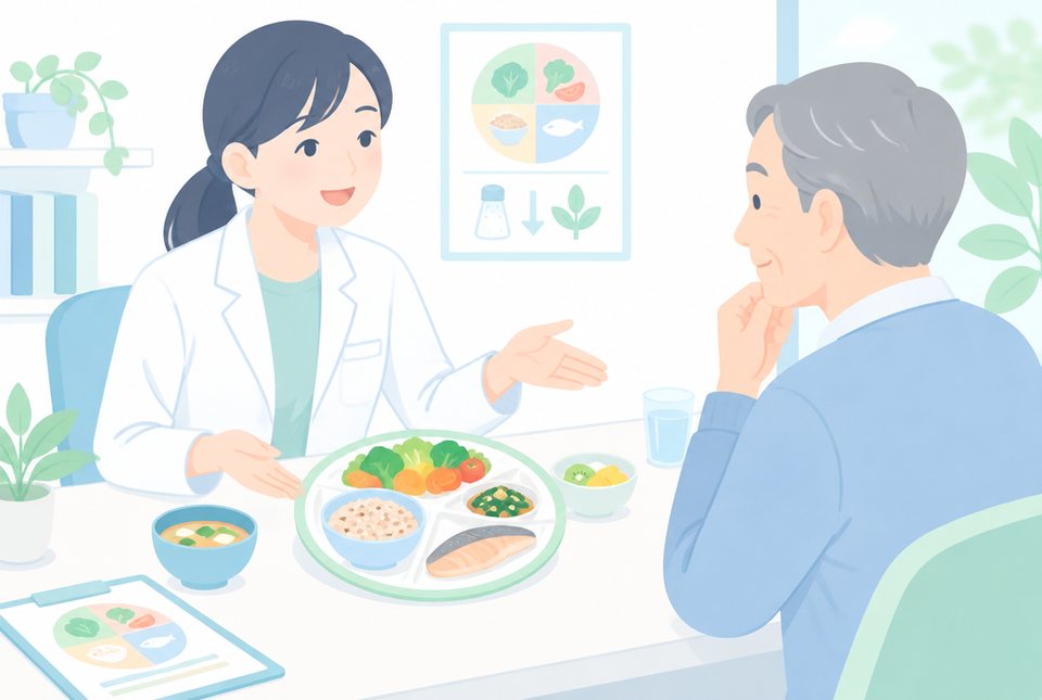 管理栄養士から食事の指導を受ける男性