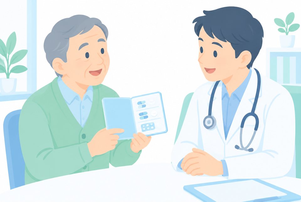 お薬手帳を医師に見せる男性のイラスト