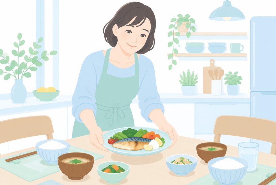 魚と野菜の食事を用意する女性
