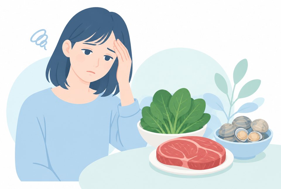 鉄分不足で疲れた女性と食材